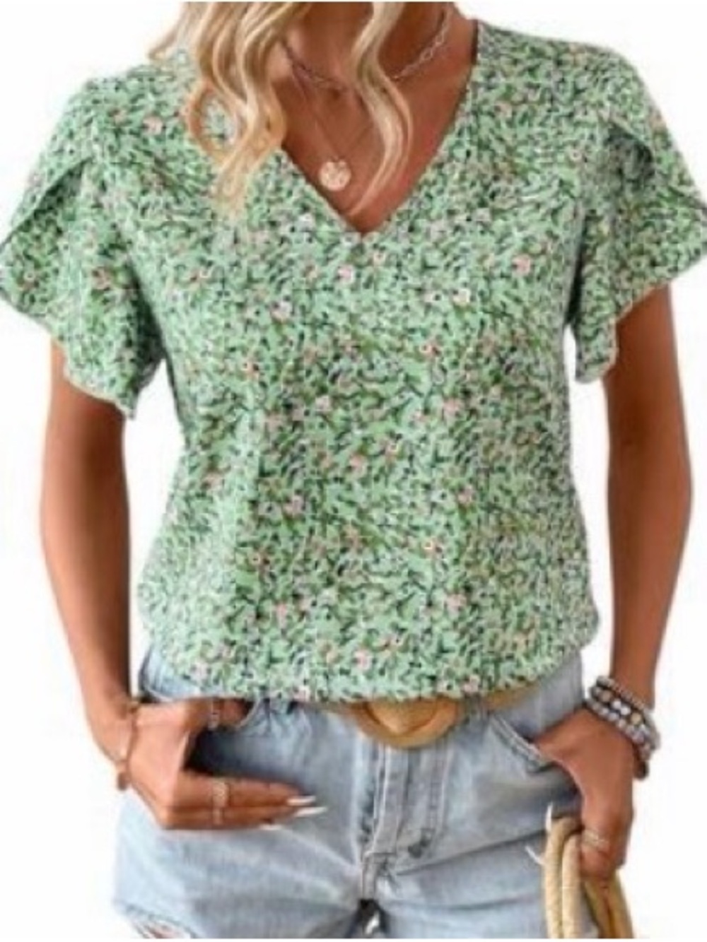 Green Floral V-Neck Women’s Top